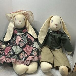 VTG Handmade Bunny Rabbits‎ Plush Country Cottage Chic Primitive Set